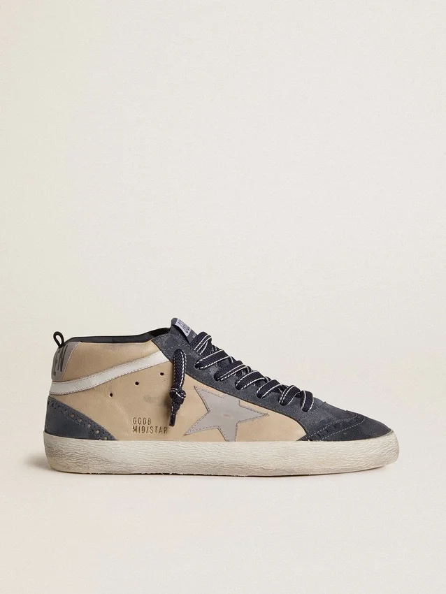 Zapatillas Mid Star para hombre en ante beige y azul con estrella de napa gris y detalle en piel blanca
