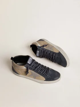 Zapatillas Mid Star para hombre en ante beige y azul con estrella de napa gris y detalle en piel blanca