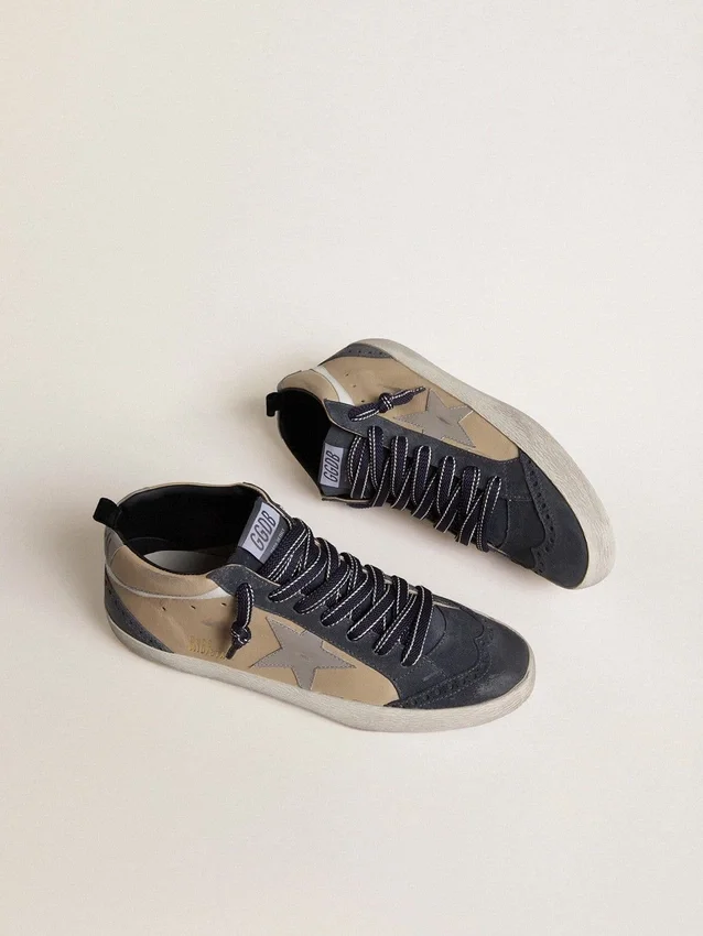 Zapatillas Mid Star para hombre en ante beige y azul con estrella de napa gris y detalle en piel blanca