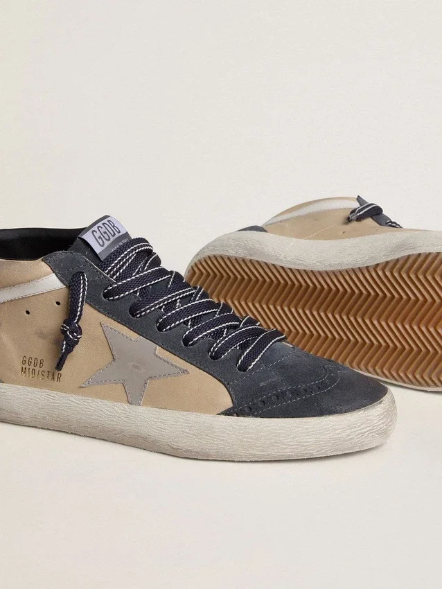 Zapatillas Mid Star para hombre en ante beige y azul con estrella de napa gris y detalle en piel blanca
