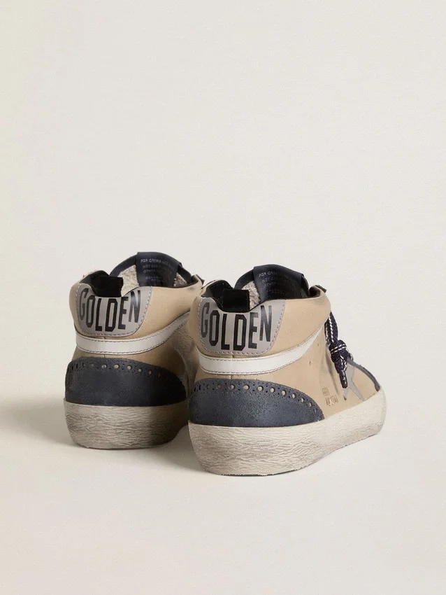 Zapatillas Mid Star para hombre en ante beige y azul con estrella de napa gris y detalle en piel blanca