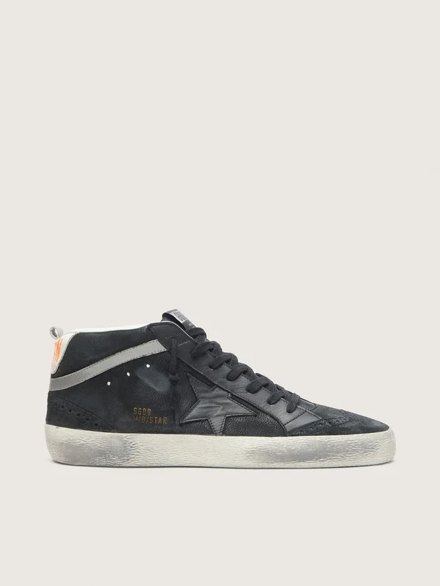 Zapatillas Mid Star para hombre en nubuck con estrella de cuero negro y detalle plateado