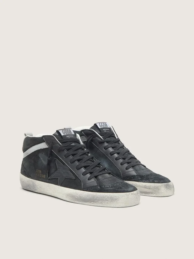 Zapatillas Mid Star para hombre en nubuck con estrella de cuero negro y detalle plateado