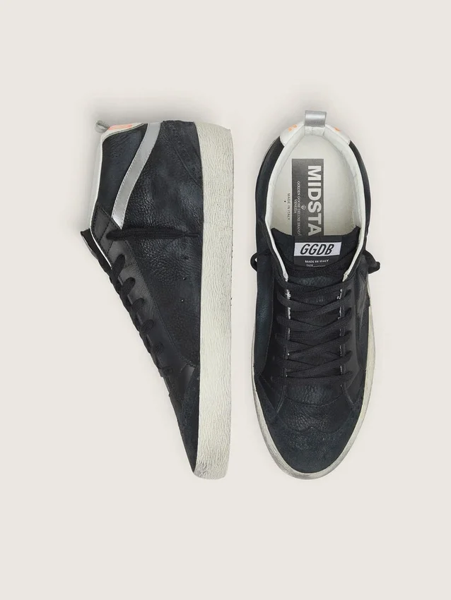 Zapatillas Mid Star para hombre en nubuck con estrella de cuero negro y detalle plateado
