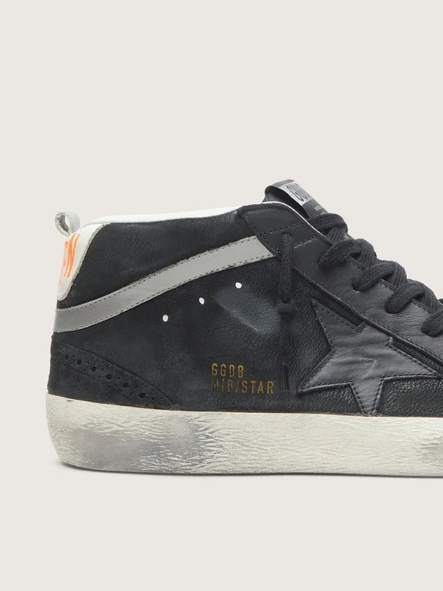 Zapatillas Mid Star para hombre en nubuck con estrella de cuero negro y detalle plateado