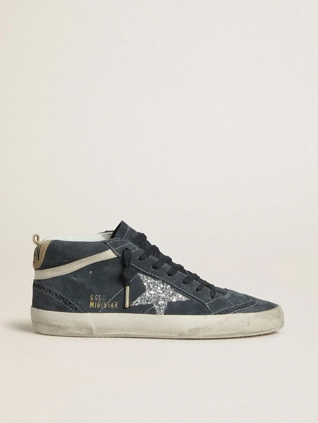 Zapatillas Mid Star para mujer en ante azul petróleo con estrella plateada brillante y detalle de algodón