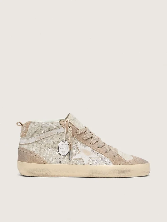 Zapatillas Mid Star para mujer en ante beige con cristales Swarovski plateados y estrella de piel blanca
