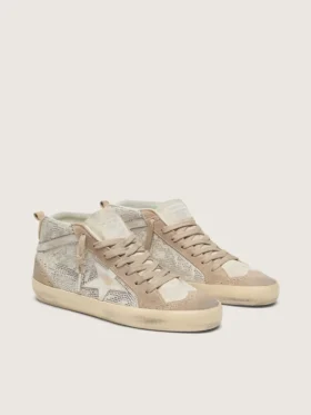 Zapatillas Mid Star para mujer en ante beige con cristales Swarovski plateados y estrella de piel blanca