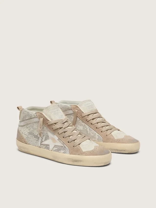 Zapatillas Mid Star para mujer en ante beige con cristales Swarovski plateados y estrella de piel blanca