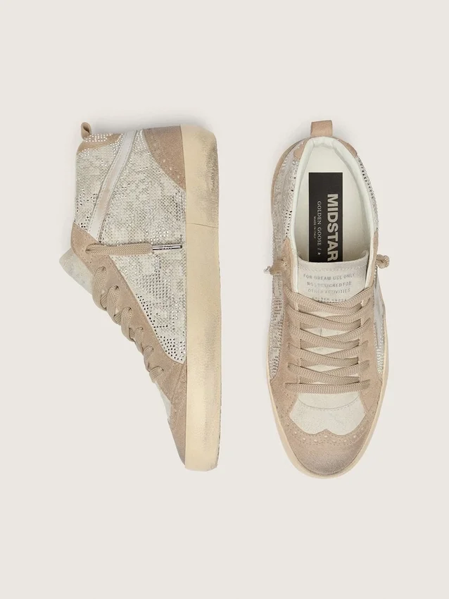 Zapatillas Mid Star para mujer en ante beige con cristales Swarovski plateados y estrella de piel blanca