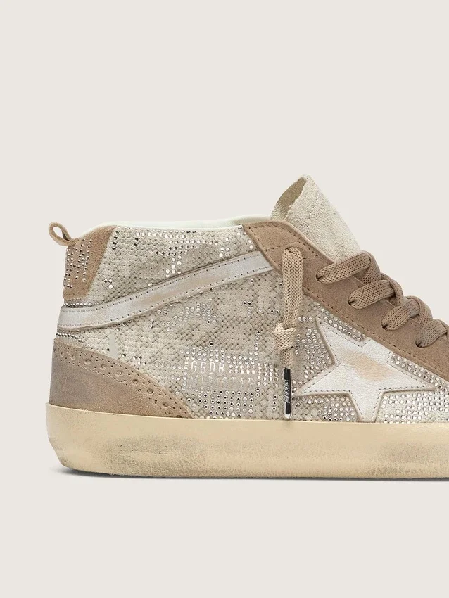 Zapatillas Mid Star para mujer en ante beige con cristales Swarovski plateados y estrella de piel blanca