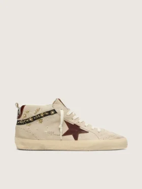 Zapatillas Mid Star para mujer en ante color perla con estrella de piel burdeos e inserciones de perlas y bordados