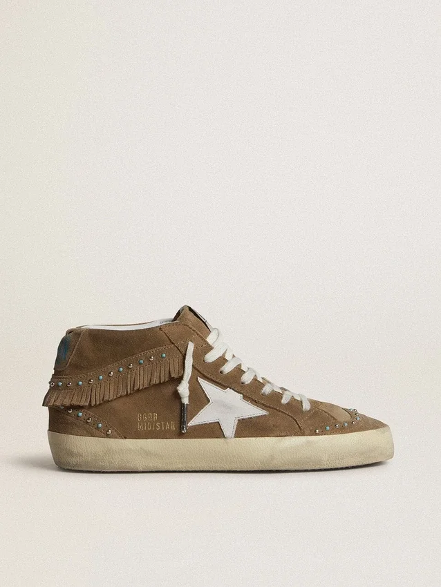 Zapatillas Mid Star para mujer en ante color tabaco con flecos y tachuelas