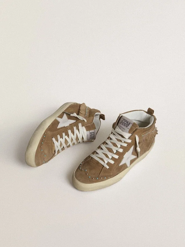 Zapatillas Mid Star para mujer en ante color tabaco con flecos y tachuelas