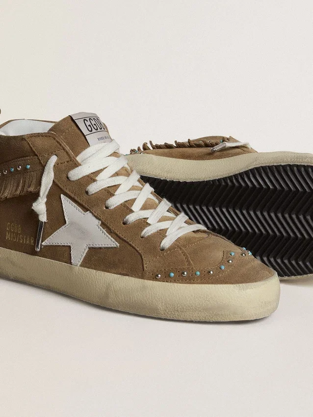 Zapatillas Mid Star para mujer en ante color tabaco con flecos y tachuelas