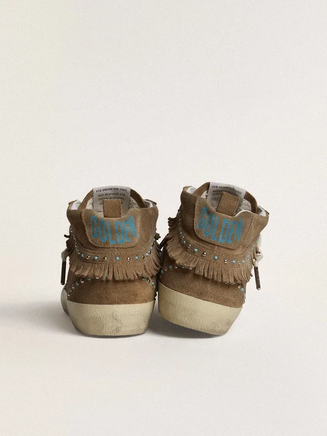 Zapatillas Mid Star para mujer en ante color tabaco con flecos y tachuelas