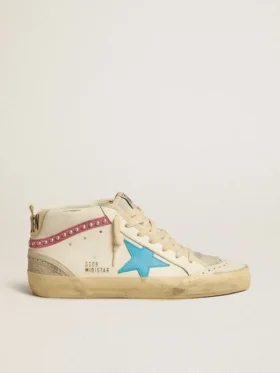 Zapatillas Mid Star para mujer en piel con estrella azul claro y detalle de ante fucsia con tachuelas platino