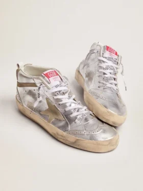 Zapatillas Mid Star para mujer en piel laminada plateada con estrella en gris paloma