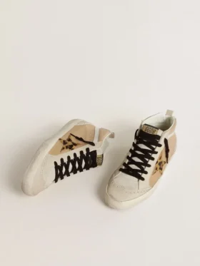 Zapatillas Mid Star para mujer en piel Naplak beige con estrella de piel de potro con estampado de leopardo