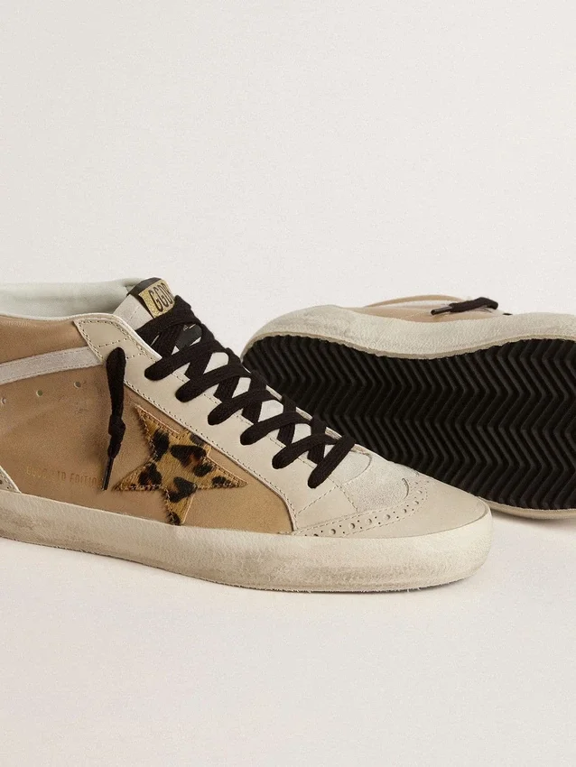 Zapatillas Mid Star para mujer en piel Naplak beige con estrella de piel de potro con estampado de leopardo