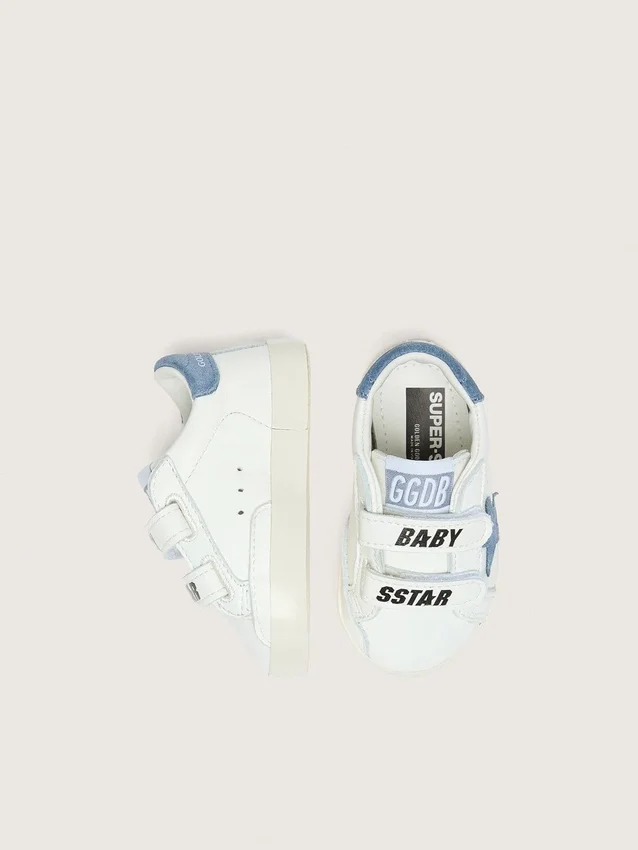 Zapatillas «Old School» para bebé en piel blanca con estrella de ante azul vaquero