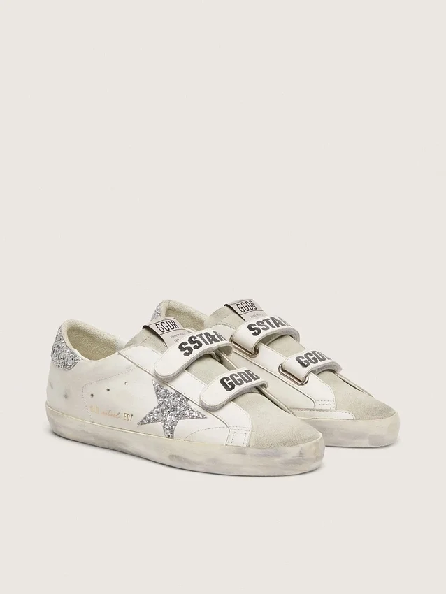 Zapatillas Old School para mujer con estrella plateada brillante y lengüeta de ante gris hielo