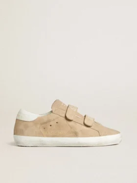 Zapatillas Old School para mujer en ante beige con lengüeta del talón de piel blanca