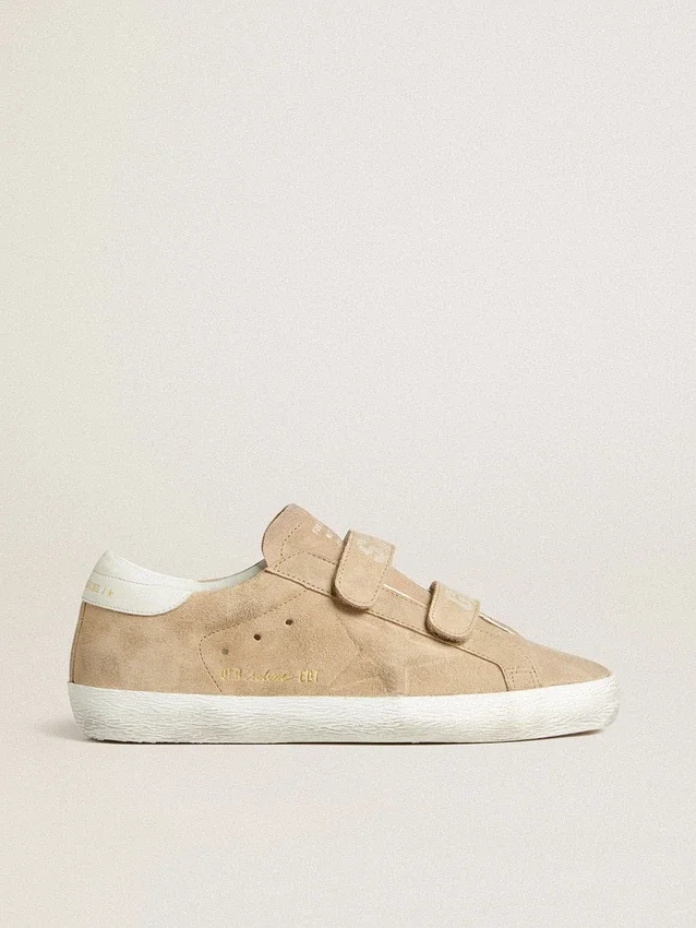 Zapatillas Old School para mujer en ante beige con lengüeta del talón de piel blanca
