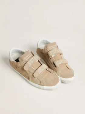 Zapatillas Old School para mujer en ante beige con lengüeta del talón de piel blanca