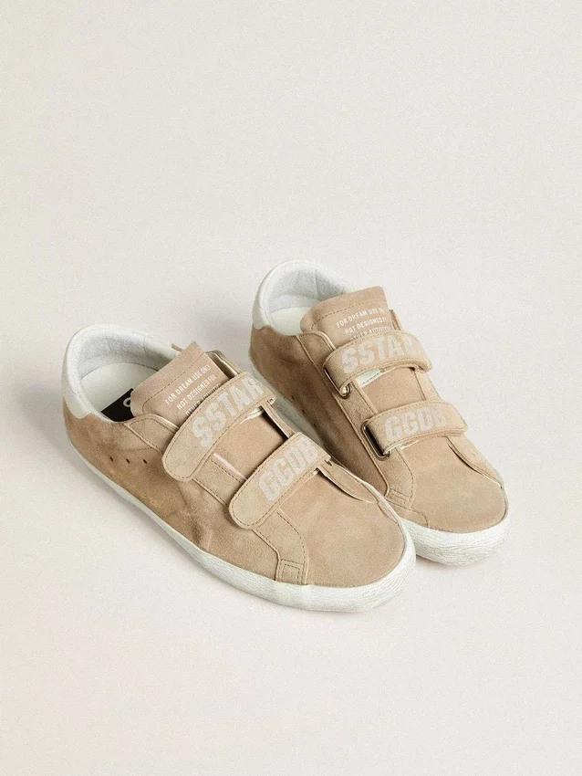 Zapatillas Old School para mujer en ante beige con lengüeta del talón de piel blanca
