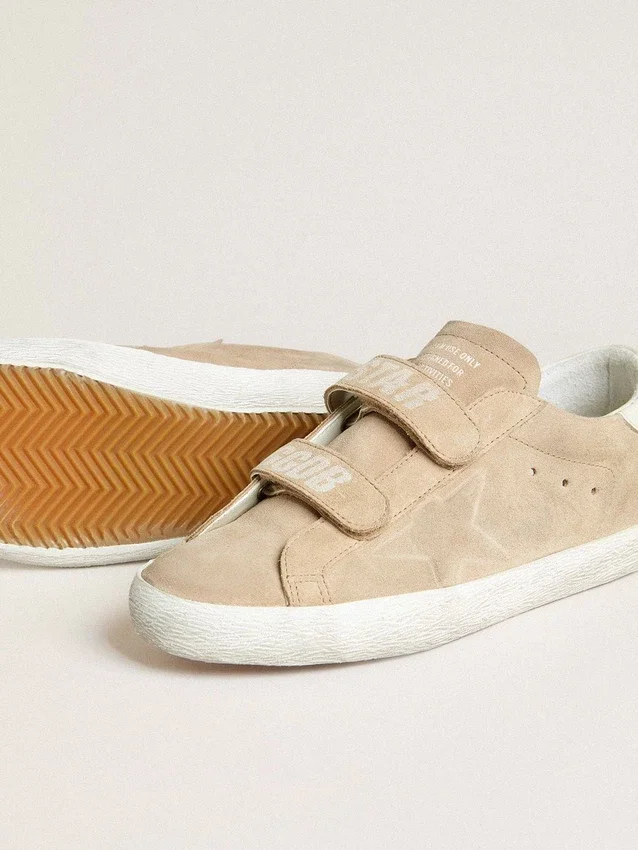 Zapatillas Old School para mujer en ante beige con lengüeta del talón de piel blanca