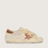 Zapatillas Old School para mujer en ante color perla con estrella de cuero rojo ladrillo y tira de rafia