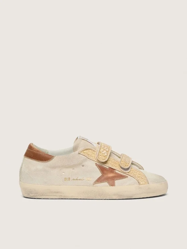 Zapatillas Old School para mujer en ante color perla con estrella de cuero rojo ladrillo y tira de rafia
