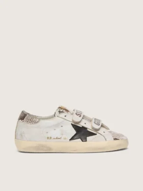 Zapatillas Old School para mujer en piel blanca con estrella de piel negra e inserciones con estampado de serpiente