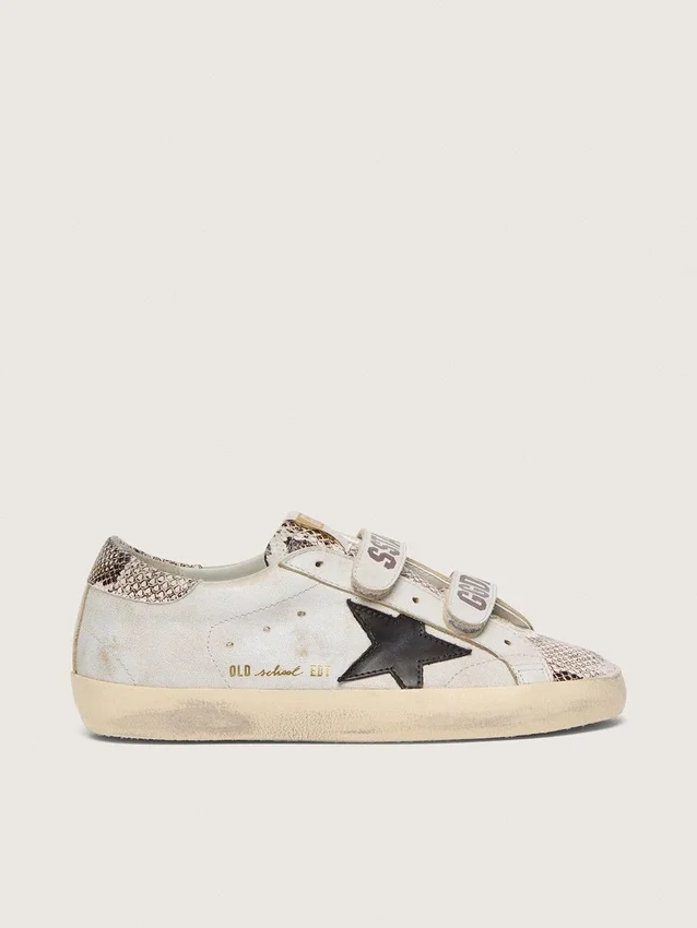 Zapatillas Old School para mujer en piel blanca con estrella de piel negra e inserciones con estampado de serpiente