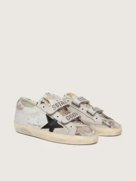 Zapatillas Old School para mujer en piel blanca con estrella de piel negra e inserciones con estampado de serpiente