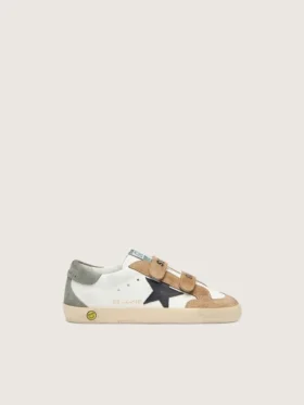 Zapatillas Old School para niños con estrella de cuero negro e inserciones de ante beige y verde