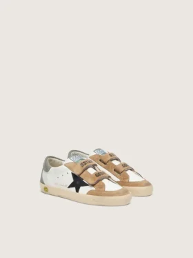 Zapatillas Old School para niños con estrella de cuero negro e inserciones de ante beige y verde