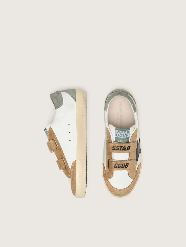 Zapatillas Old School para niños con estrella de cuero negro e inserciones de ante beige y verde