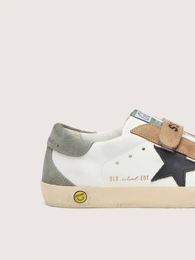 Zapatillas Old School para niños con estrella de cuero negro e inserciones de ante beige y verde