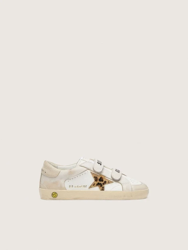 Zapatillas «Old School» para niños en napa con estrella de piel de potro con estampado de leopardo e inserciones de cuero