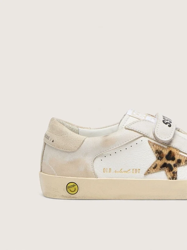 Zapatillas «Old School» para niños en napa con estrella de piel de potro con estampado de leopardo e inserciones de cuero