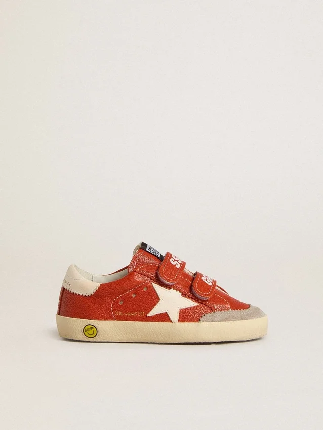 Zapatillas «Old School» para niños en napa naranja con estrella blanca y lengüeta del talón de cuero color crema