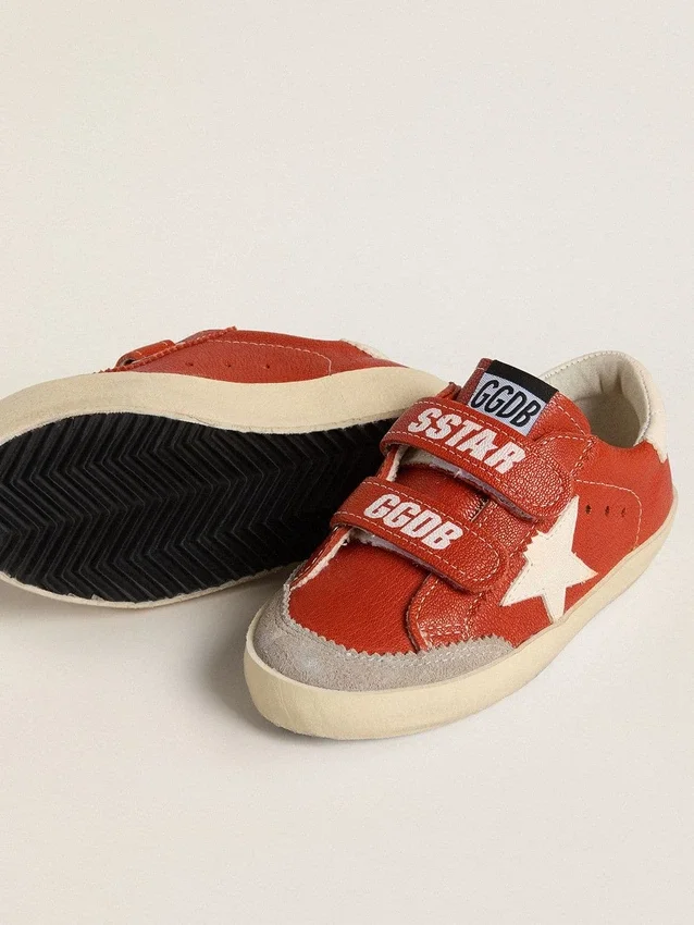 Zapatillas «Old School» para niños en napa naranja con estrella blanca y lengüeta del talón de cuero color crema