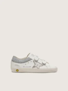Zapatillas «Old School» para niños en piel blanca con estrella de piel plateada metalizada e inserciones de cristales plateados