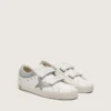 Zapatillas «Old School» para niños en piel blanca con estrella de piel plateada metalizada e inserciones de cristales plateados