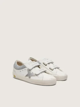 Zapatillas «Old School» para niños en piel blanca con estrella de piel plateada metalizada e inserciones de cristales plateados