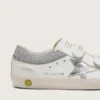 Zapatillas «Old School» para niños en piel blanca con estrella de piel plateada metalizada e inserciones de cristales plateados