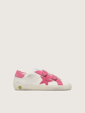 Zapatillas «Old School» para niños en piel color crema con estrella y inserciones de ante rosa