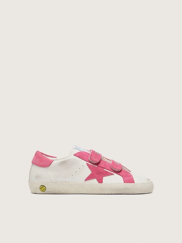 Zapatillas «Old School» para niños en piel color crema con estrella y inserciones de ante rosa